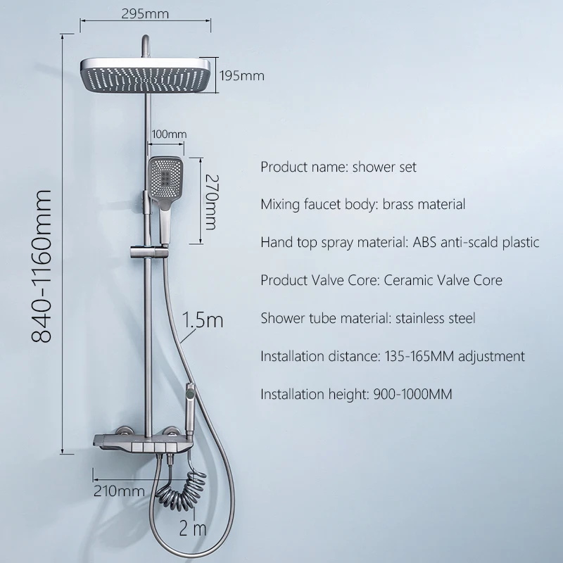 Grey Shower System Set Bathroom Digital LED Rain Showers Faucet Brass Bath Thermostat Rainfall Shower 4 Way with Bidet Taps Sets