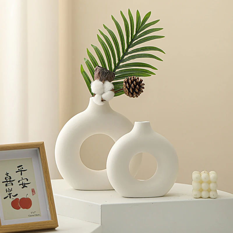 Imitation Ceramic Pure White Vase Decorative Vasen Single Branch Flower Arranging Ornament Donut Design Flowerpot Table Decor