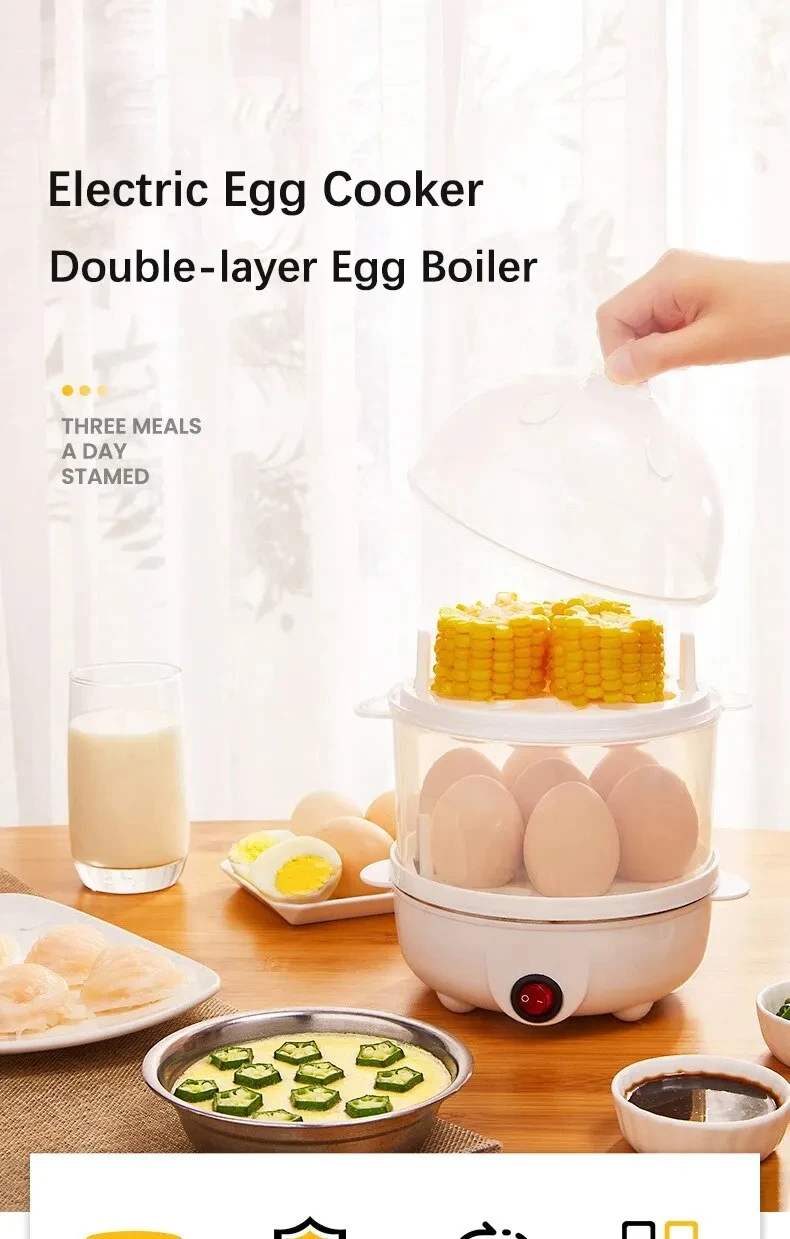 DINRGO 220V Multifunctional Electric Egg Boiler Double Layers Egg Cooker Mini Steamer Poacher Kitchen Cooking Breakfast Machine